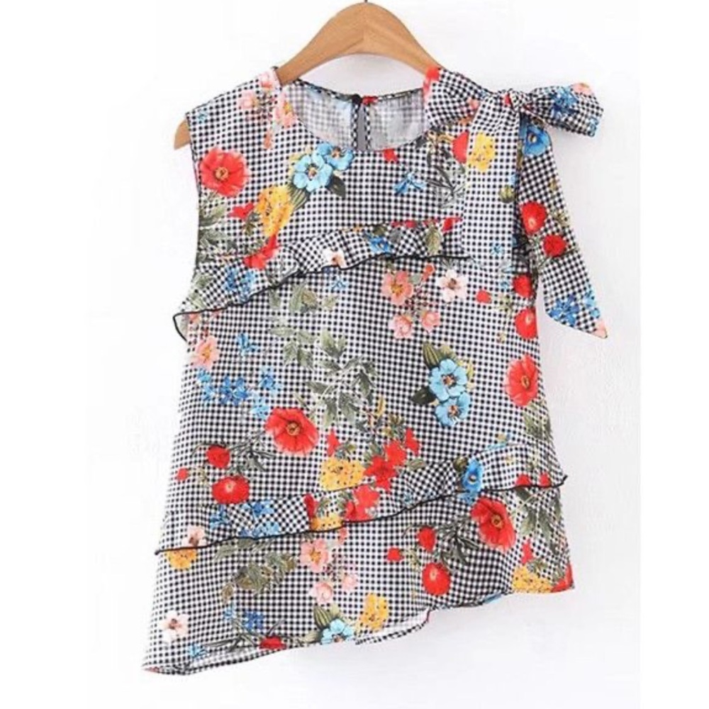 Zara Women’s Size Small Frill Trim Grid Asymmetrical Gingham and Floral Print